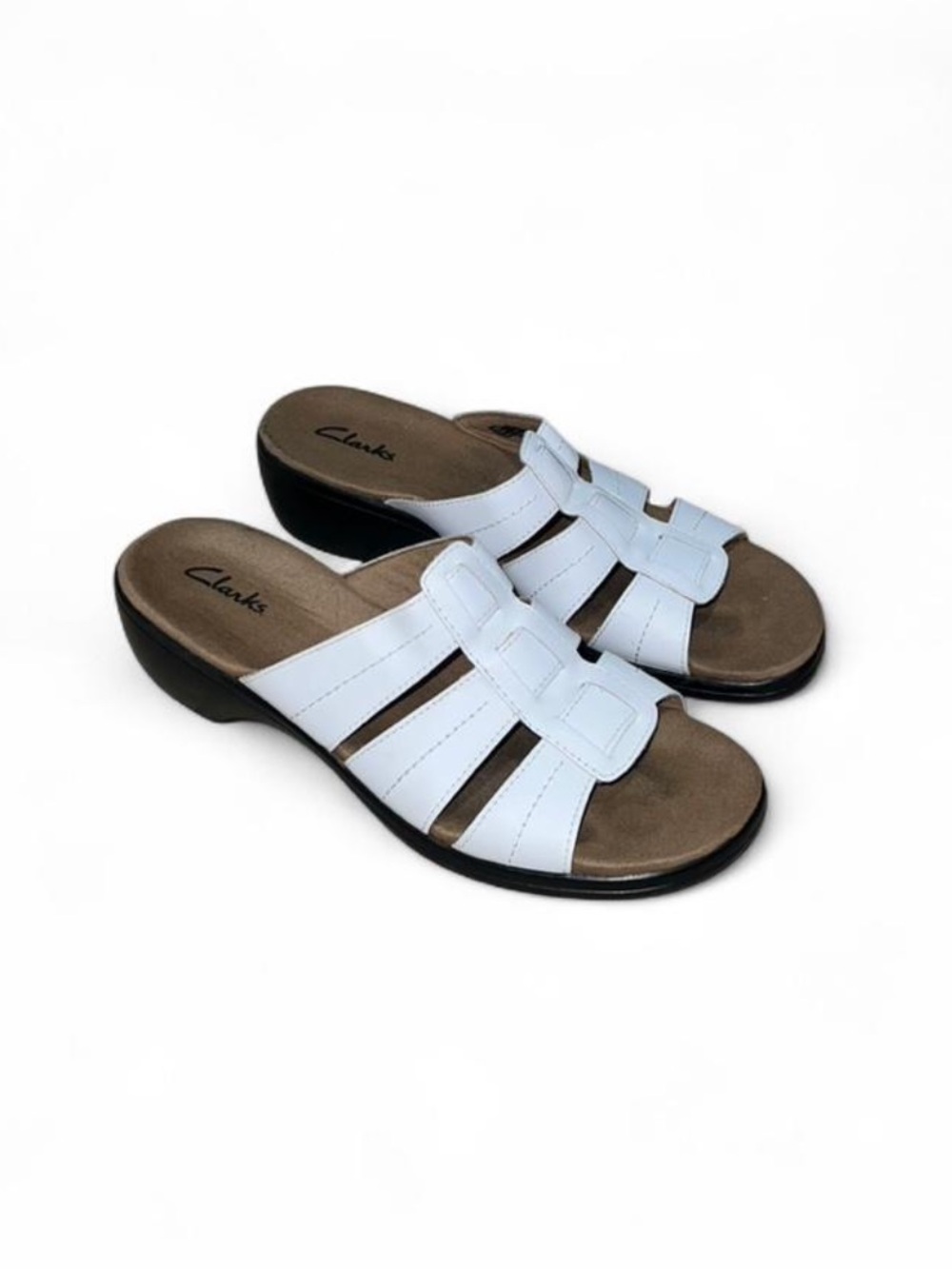 Clarks Women’s White Casual Leather Calenne Maye Strappy Wedge Sandals US Size 7
